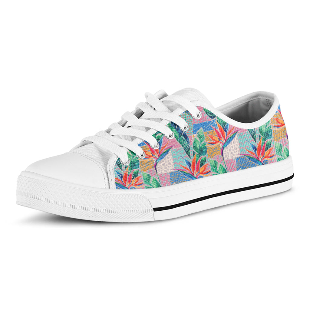 Watercolor Tropical Patchwork Print White Low Top Shoes
