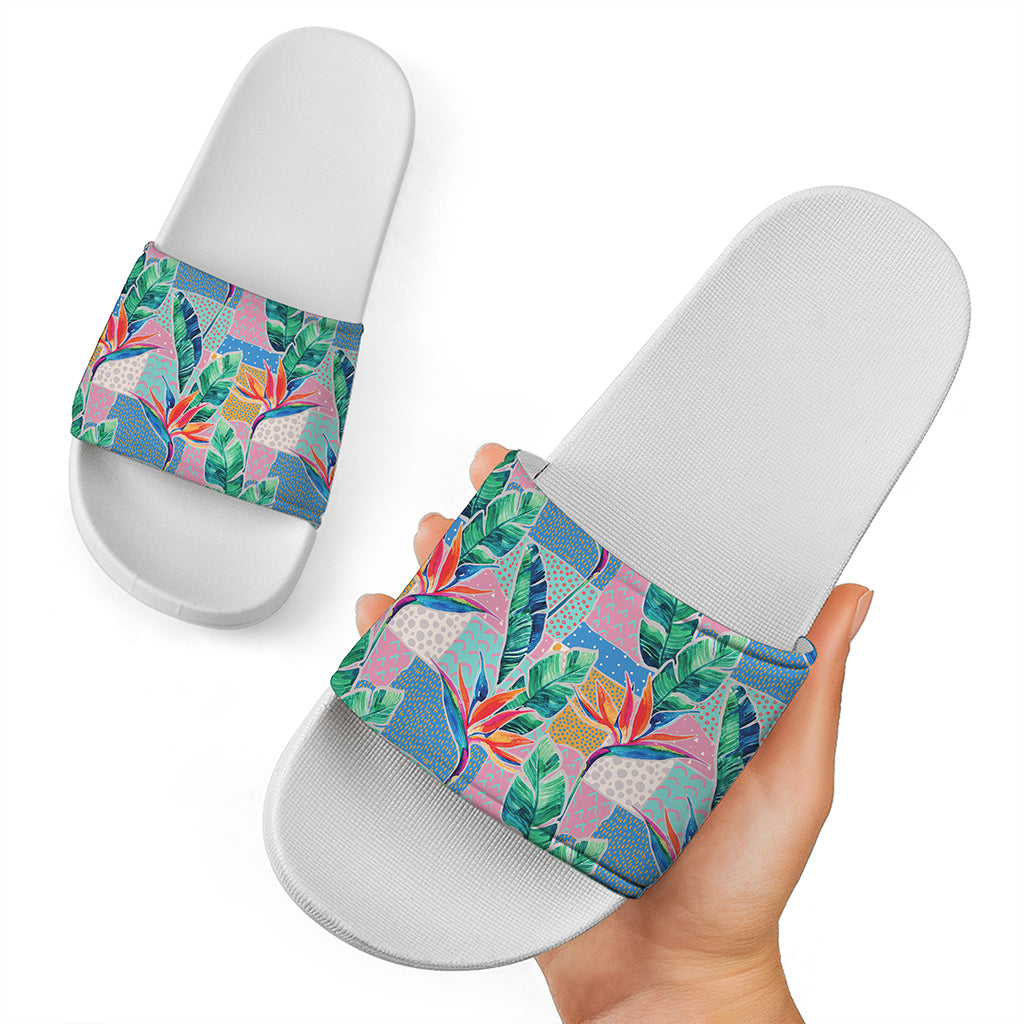 Watercolor Tropical Patchwork Print White Slide Sandals