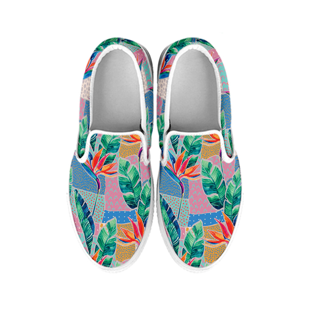 Watercolor Tropical Patchwork Print White Slip On Shoes