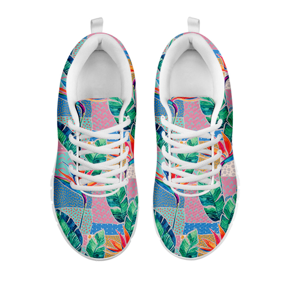Watercolor Tropical Patchwork Print White Sneakers