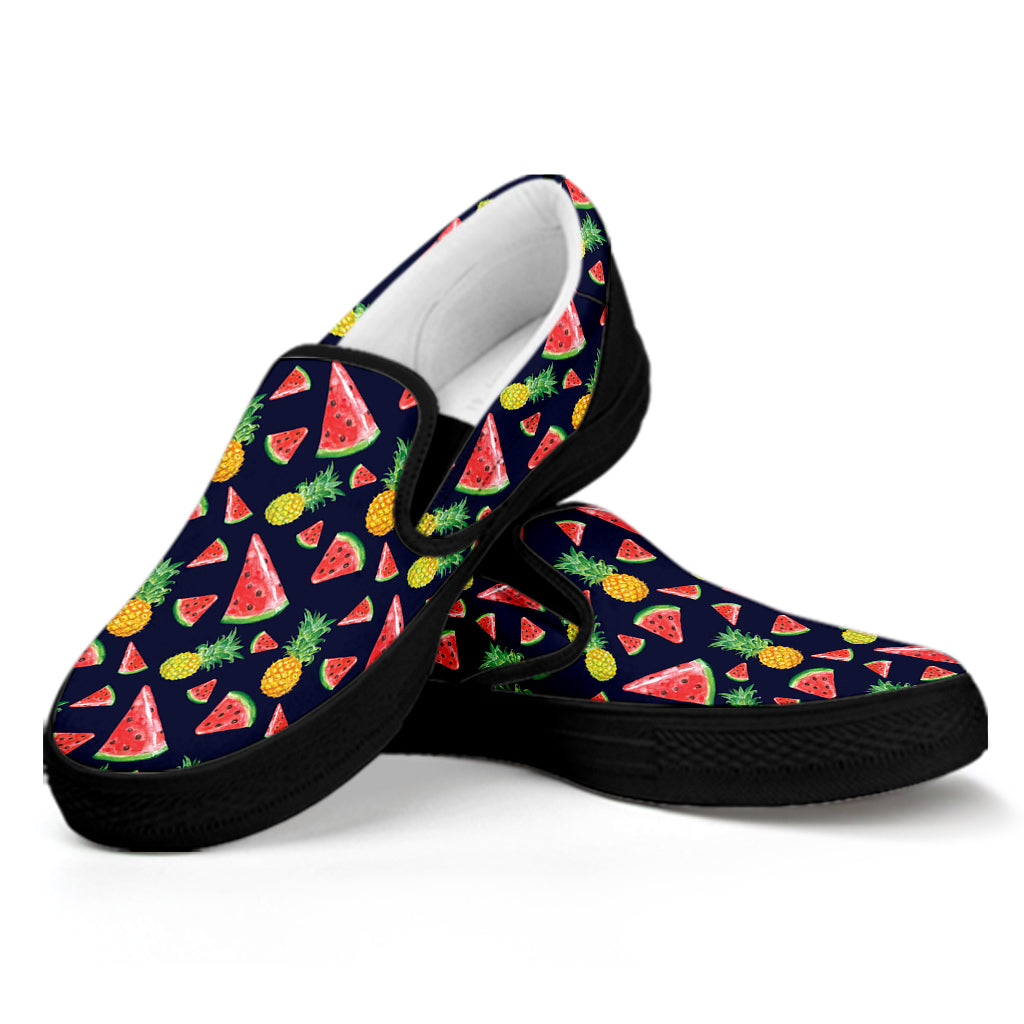 Watercolor Tropical Pattern Print Black Slip On Shoes