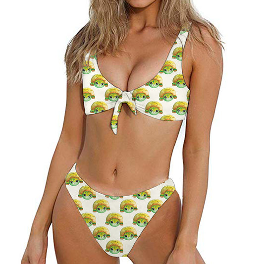Watercolor Turtle Pattern Print Front Bow Tie Bikini