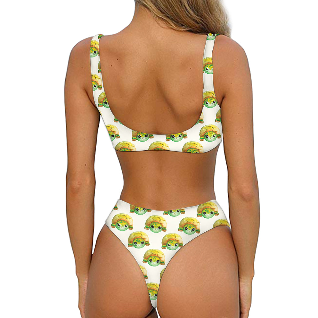 Watercolor Turtle Pattern Print Front Bow Tie Bikini