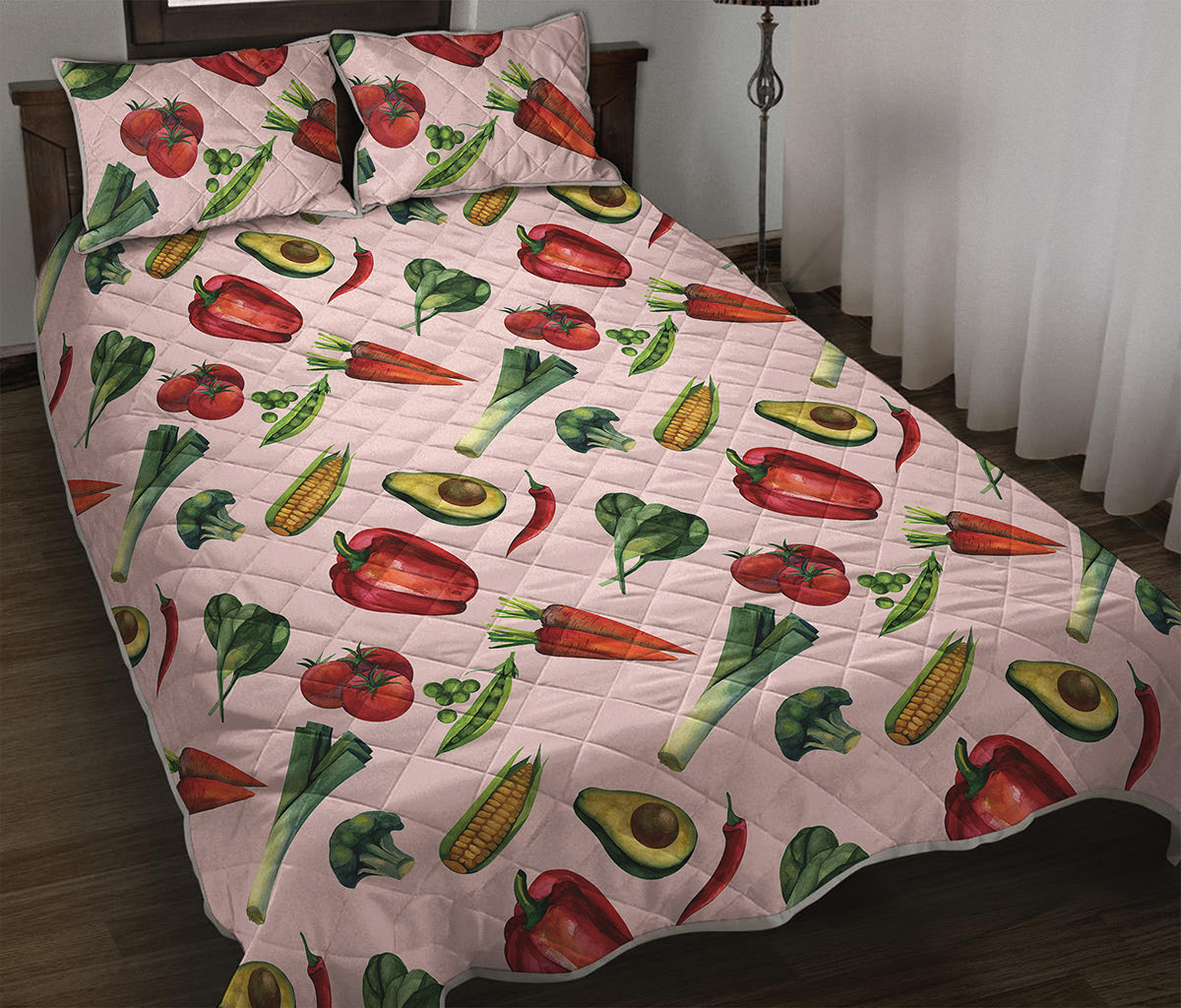 Watercolor Vegan Pattern Print Quilt Bed Set
