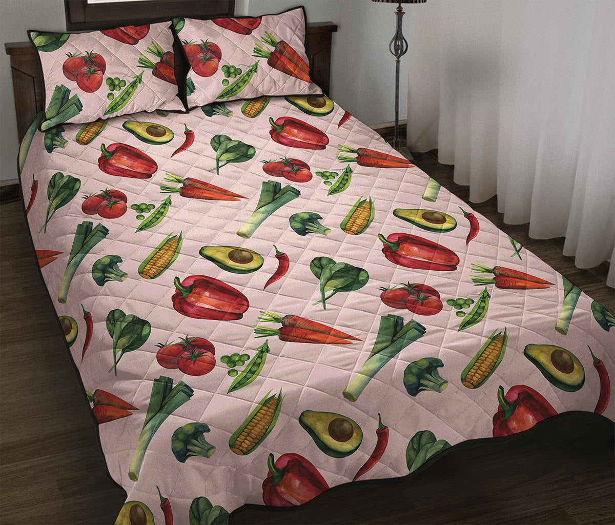 Watercolor Vegan Pattern Print Quilt Bed Set