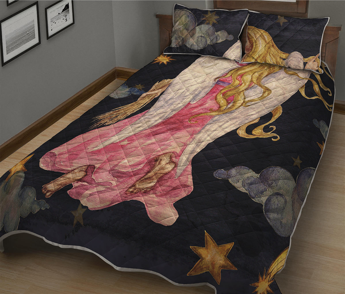 Watercolor Virgo Zodiac Sign Print Quilt Bed Set