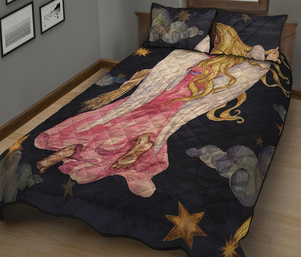 Watercolor Virgo Zodiac Sign Print Quilt Bed Set