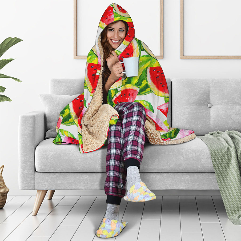 Watercolor Watermelon Pattern Print Hooded Blanket