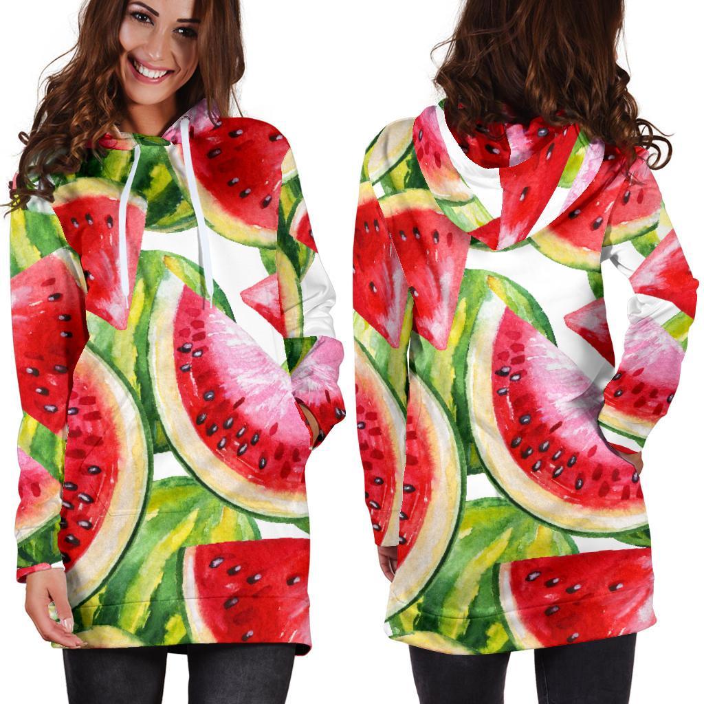 Watercolor Watermelon Pattern Print Hoodie Dress GearFrost