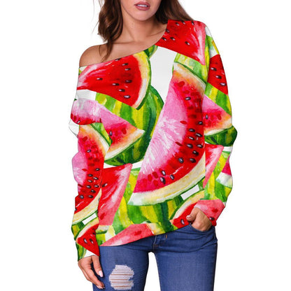 Watercolor Watermelon Pattern Print Off Shoulder Sweatshirt GearFrost
