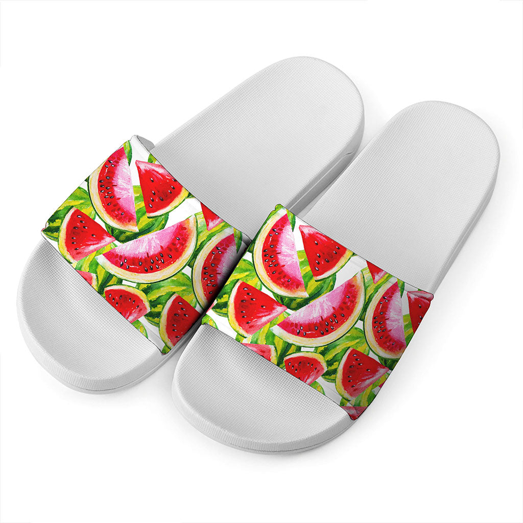 Watercolor Watermelon Pattern Print White Slide Sandals