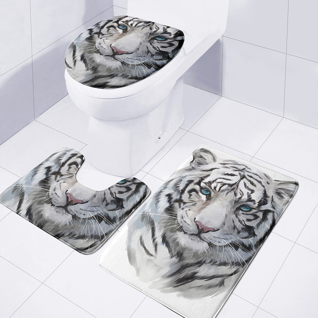 Watercolor White Bengal Tiger Print 3 Piece Bath Mat Set