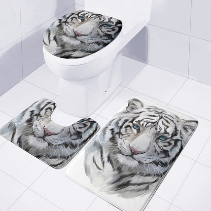 Watercolor White Bengal Tiger Print 3 Piece Bath Mat Set