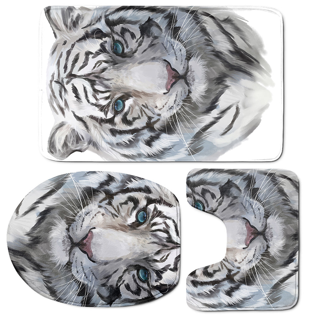 Watercolor White Bengal Tiger Print 3 Piece Bath Mat Set