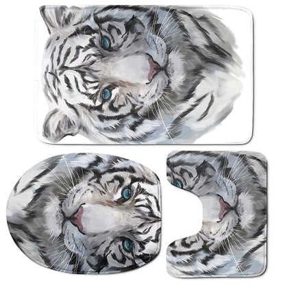 Watercolor White Bengal Tiger Print 3 Piece Bath Mat Set