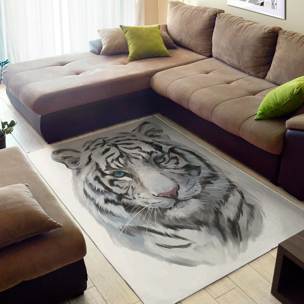 Watercolor White Bengal Tiger Print Area Rug