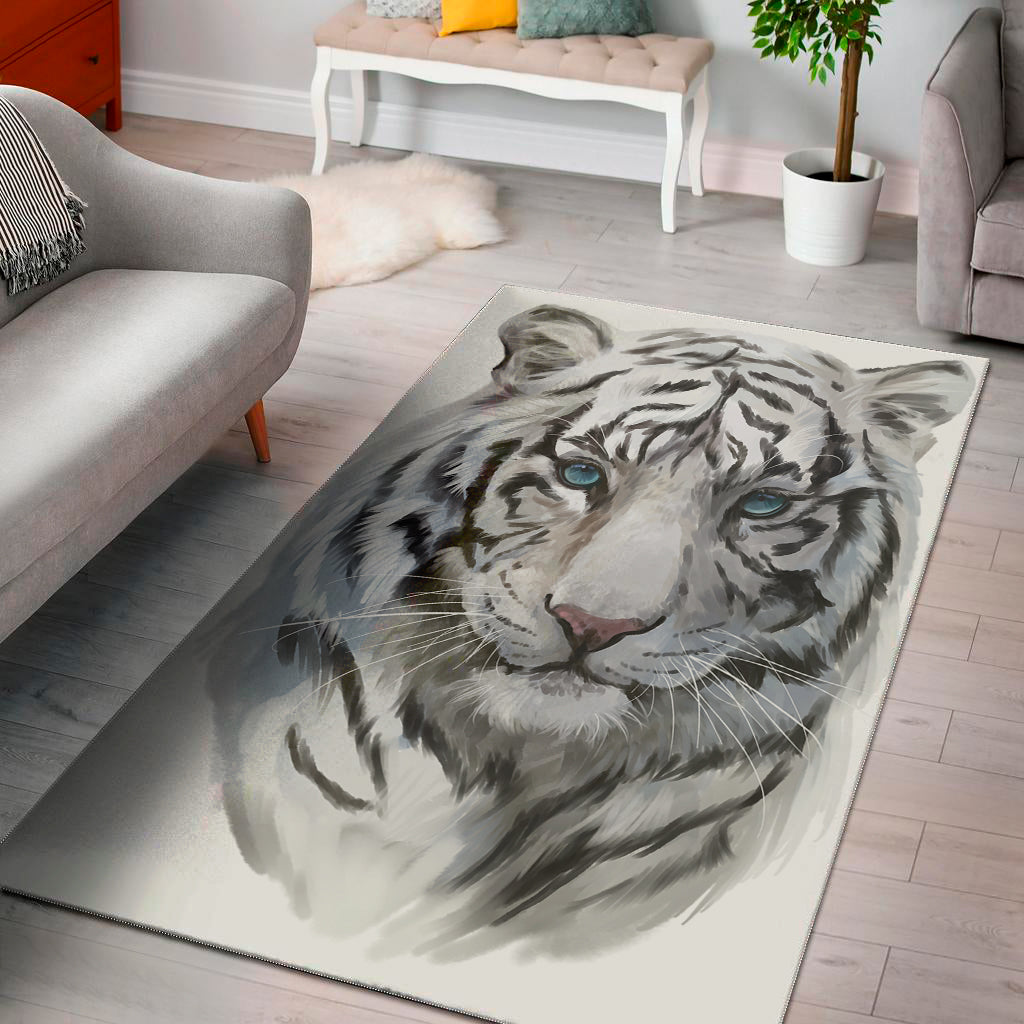 Watercolor White Bengal Tiger Print Area Rug