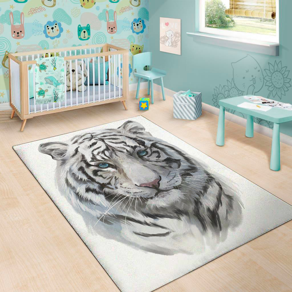 Watercolor White Bengal Tiger Print Area Rug