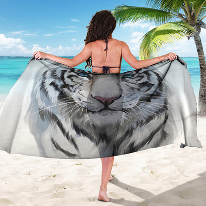 Watercolor White Bengal Tiger Print Beach Sarong Wrap