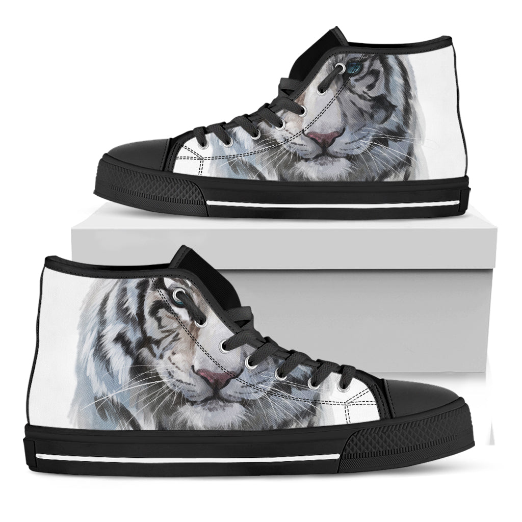 Watercolor White Bengal Tiger Print Black High Top Shoes
