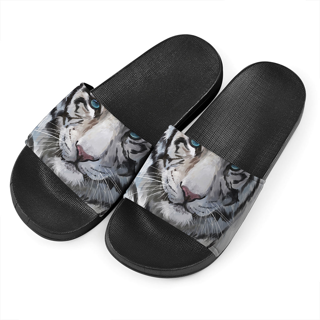 Watercolor White Bengal Tiger Print Black Slide Sandals