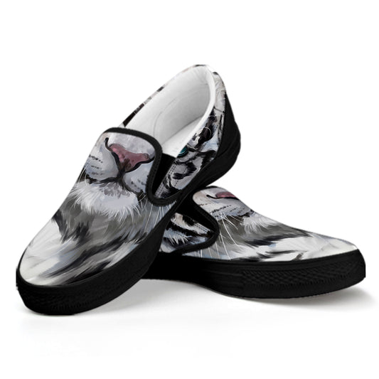 Watercolor White Bengal Tiger Print Black Slip On Shoes