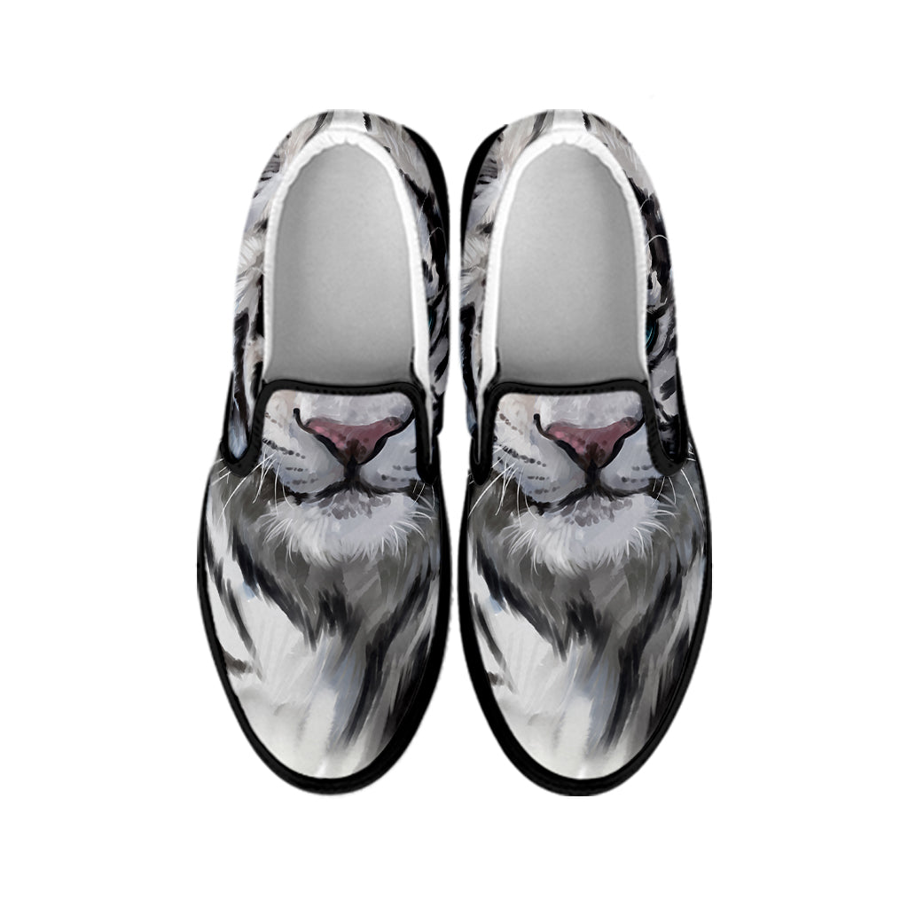 Watercolor White Bengal Tiger Print Black Slip On Shoes