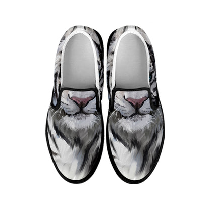 Watercolor White Bengal Tiger Print Black Slip On Shoes
