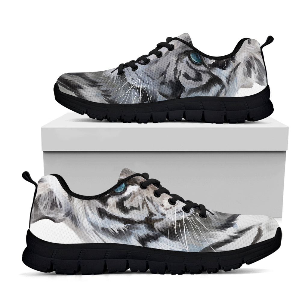 Watercolor White Bengal Tiger Print Black Sneakers