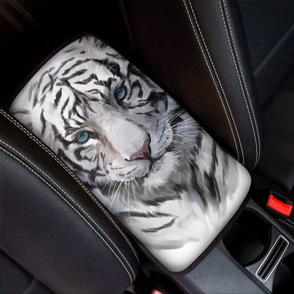 Watercolor White Bengal Tiger Print Car Center Console Cover