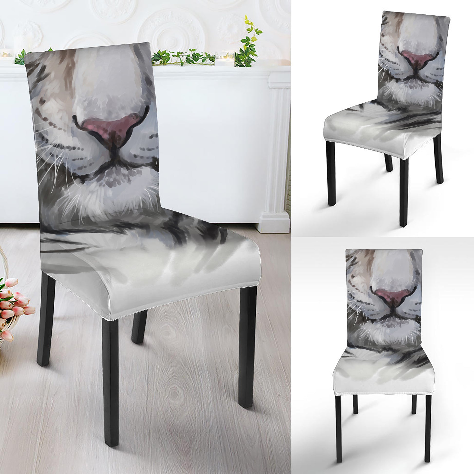 Watercolor White Bengal Tiger Print Dining Chair Slipcover