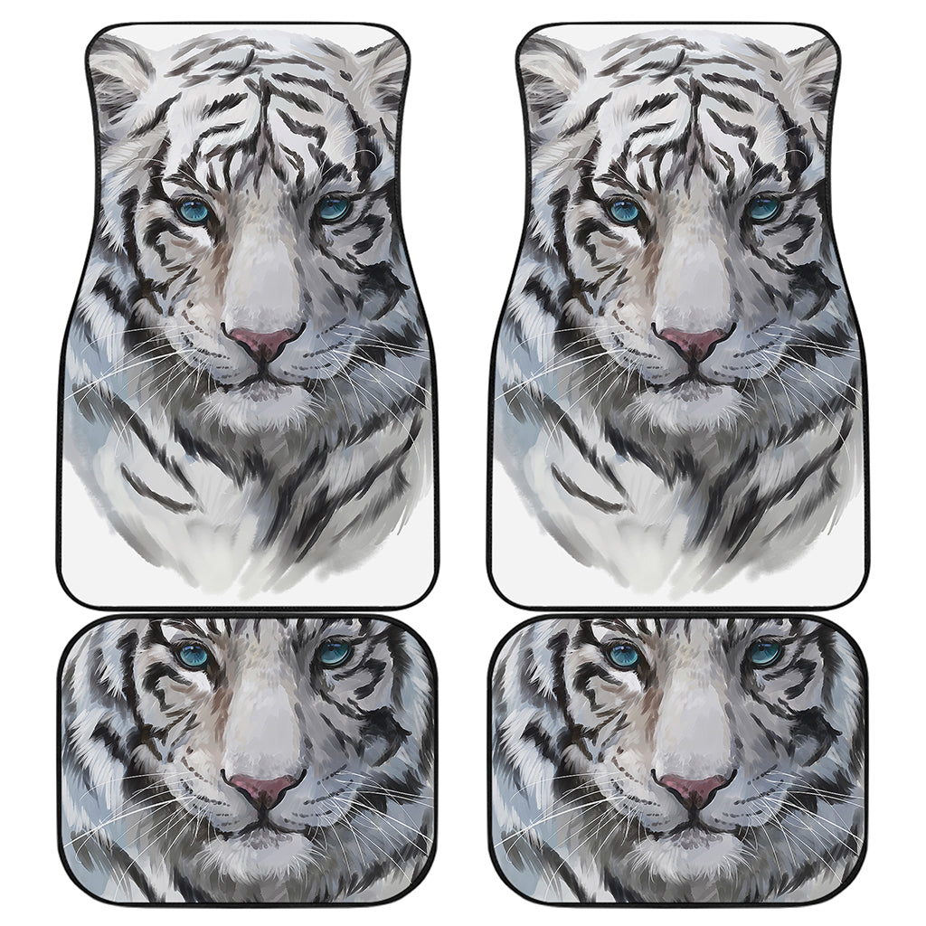 Watercolor White Bengal Tiger Print Front and Back Car Floor Mats