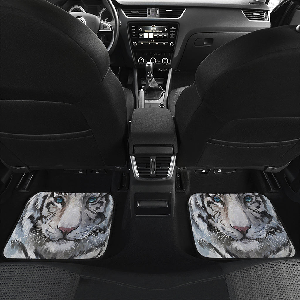 Watercolor White Bengal Tiger Print Front and Back Car Floor Mats