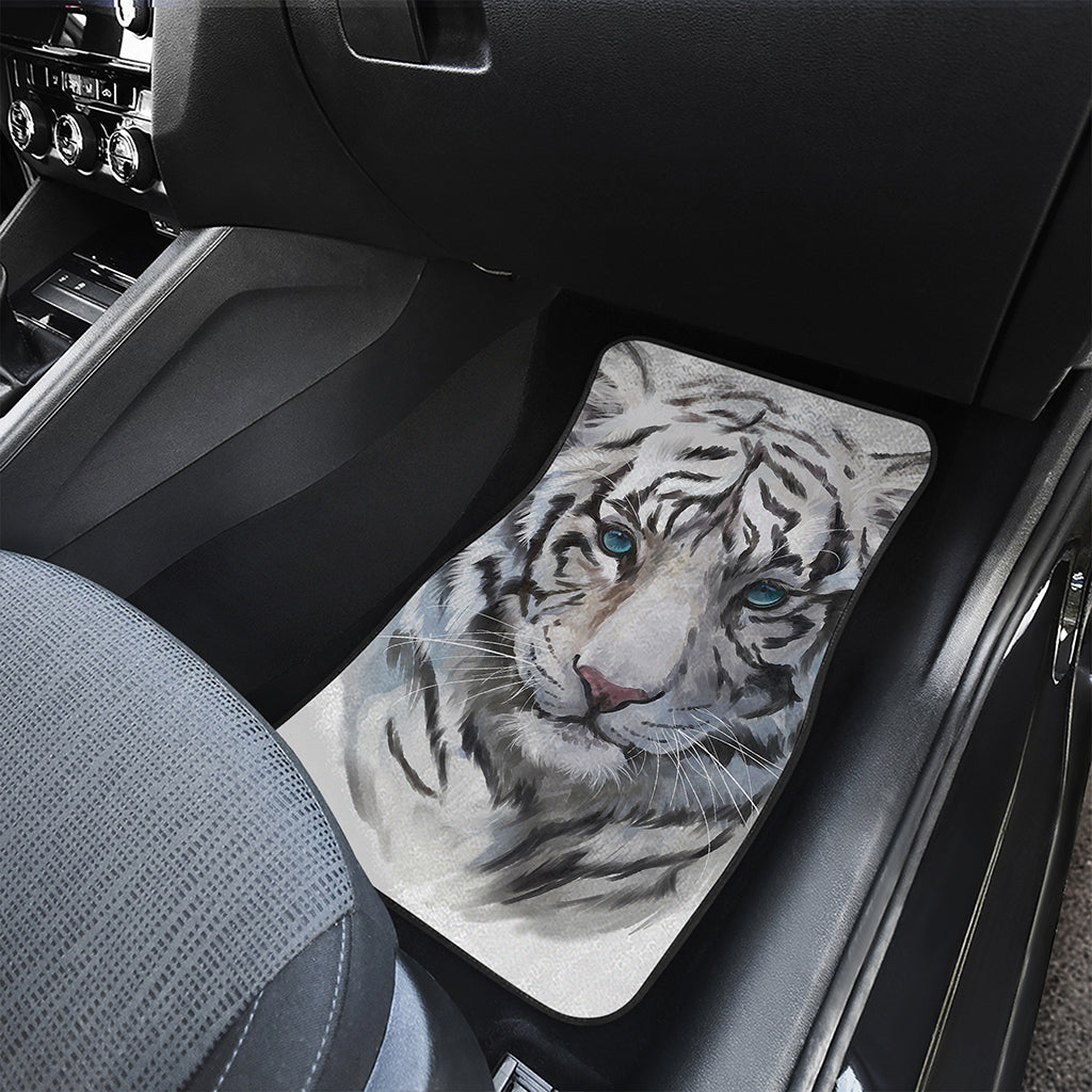 Watercolor White Bengal Tiger Print Front and Back Car Floor Mats