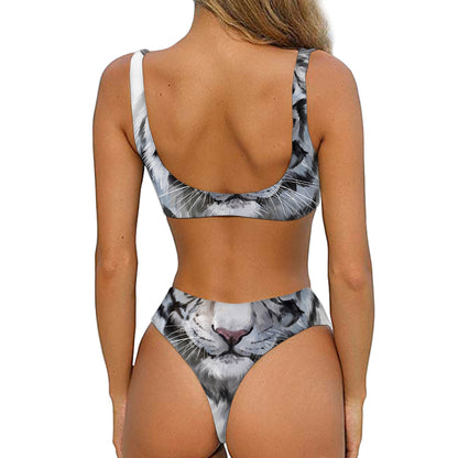 Watercolor White Bengal Tiger Print Front Bow Tie Bikini