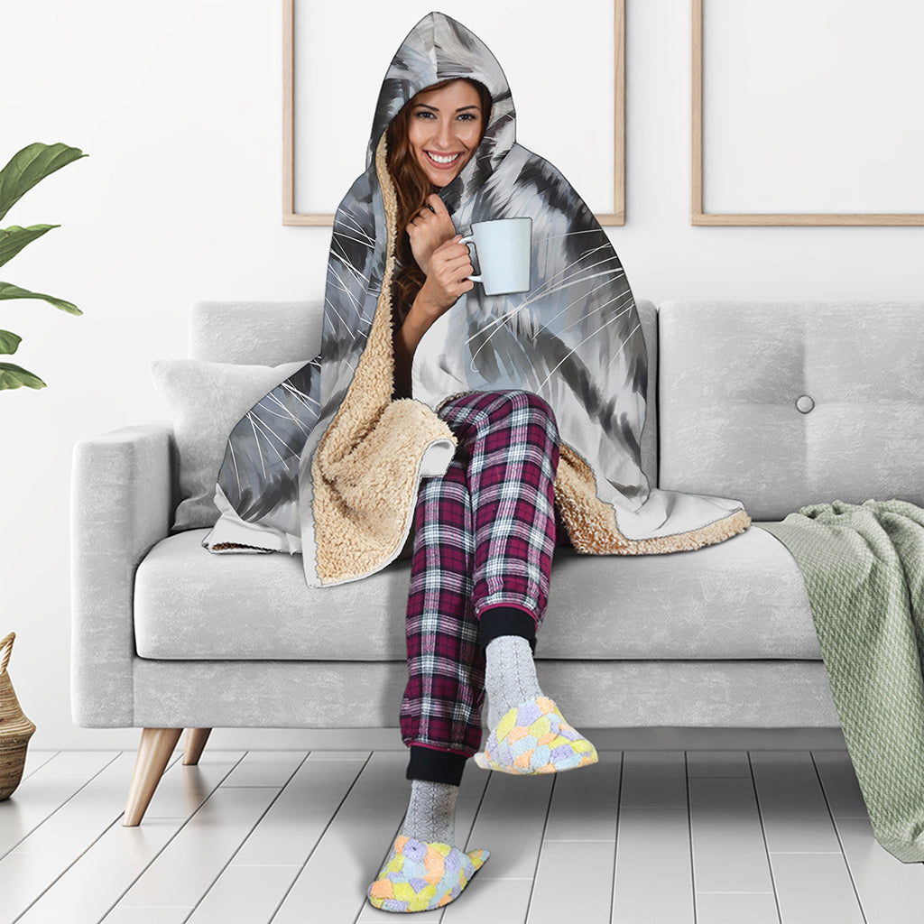 Watercolor White Bengal Tiger Print Hooded Blanket