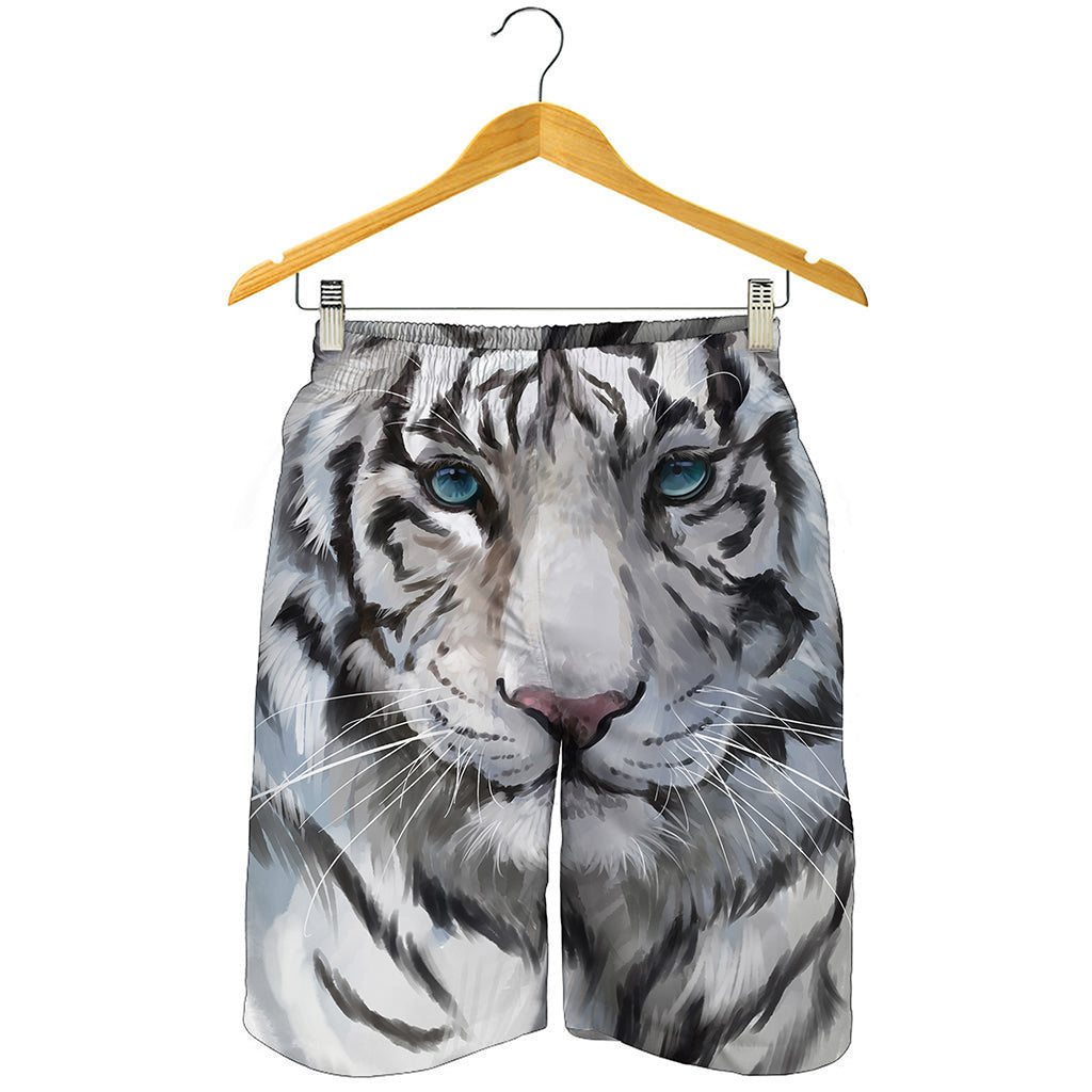 Watercolor White Bengal Tiger Print Men's Shorts