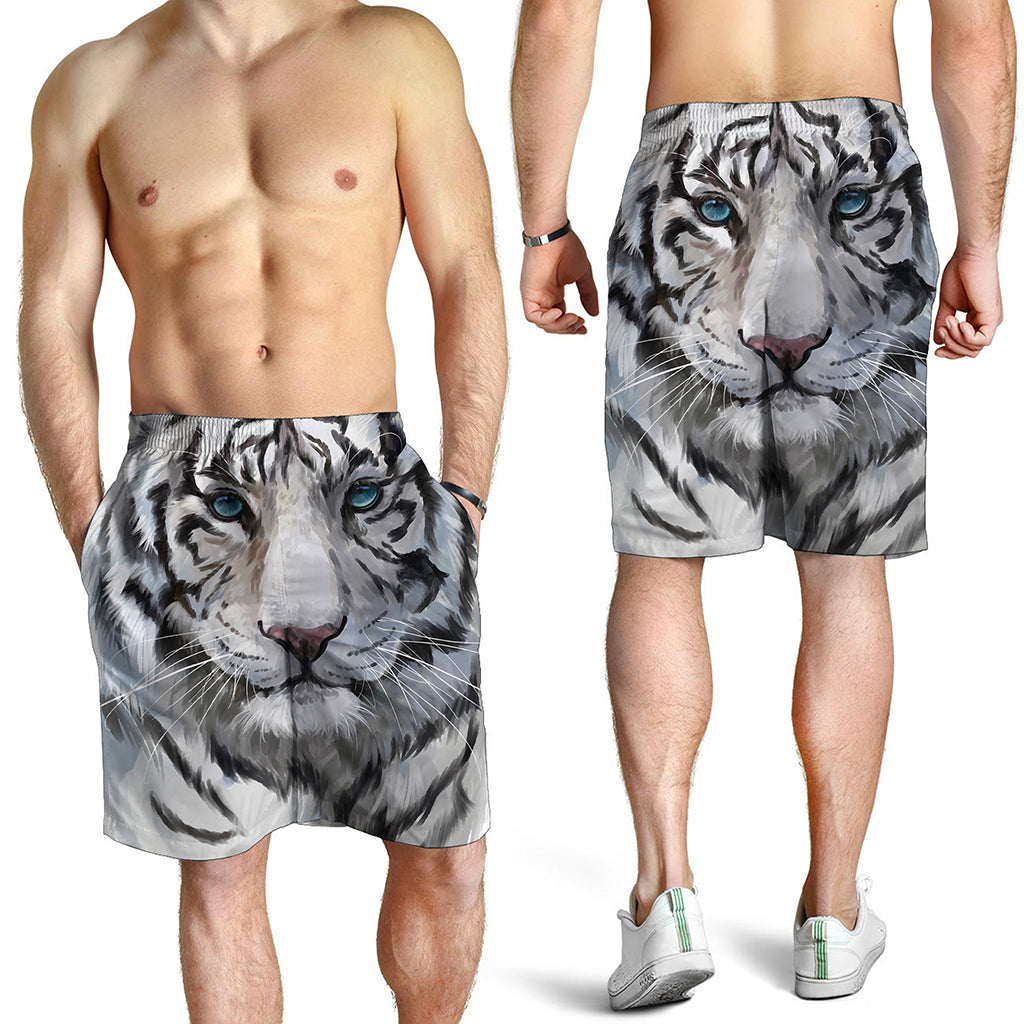 Watercolor White Bengal Tiger Print Men's Shorts