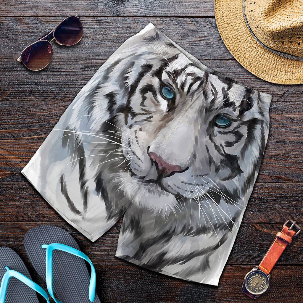 Watercolor White Bengal Tiger Print Men's Shorts