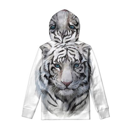 Watercolor White Bengal Tiger Print Pullover Hoodie