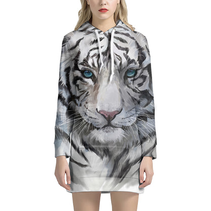 Watercolor White Bengal Tiger Print Pullover Hoodie Dress