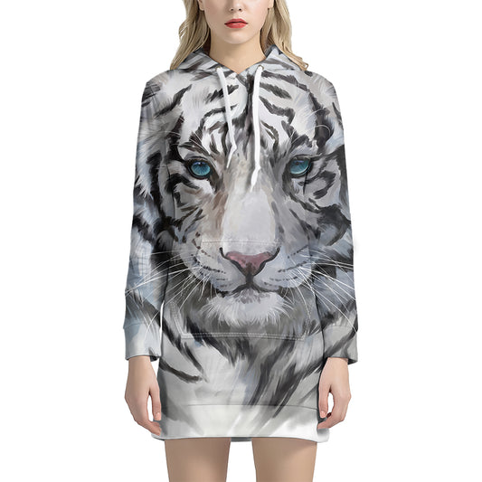 Watercolor White Bengal Tiger Print Pullover Hoodie Dress