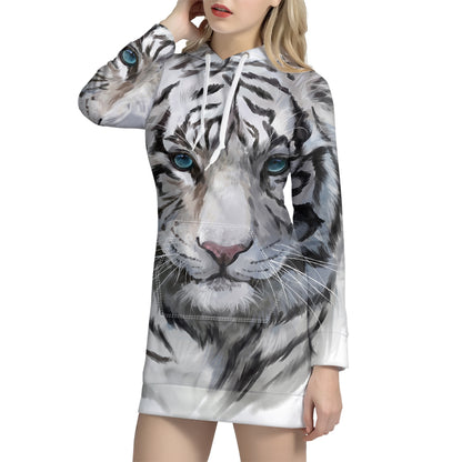 Watercolor White Bengal Tiger Print Pullover Hoodie Dress