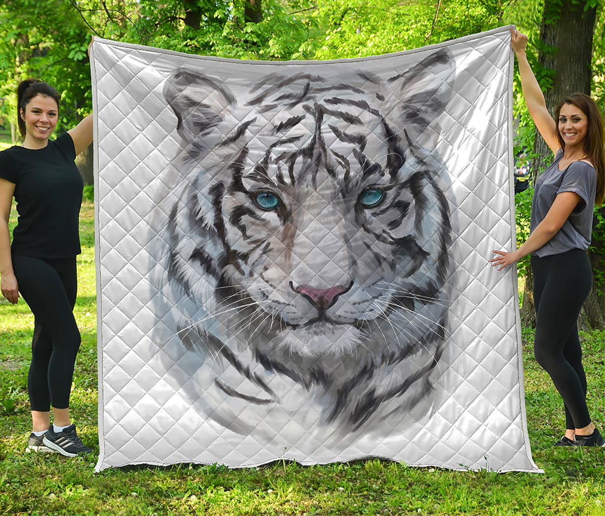 Watercolor White Bengal Tiger Print Quilt