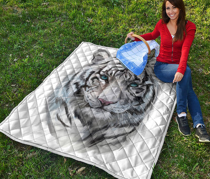 Watercolor White Bengal Tiger Print Quilt
