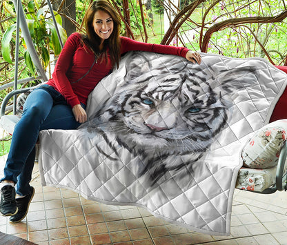 Watercolor White Bengal Tiger Print Quilt