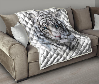 Watercolor White Bengal Tiger Print Quilt