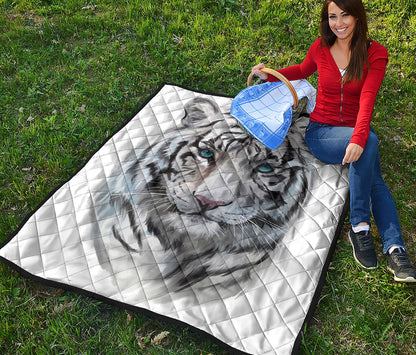Watercolor White Bengal Tiger Print Quilt