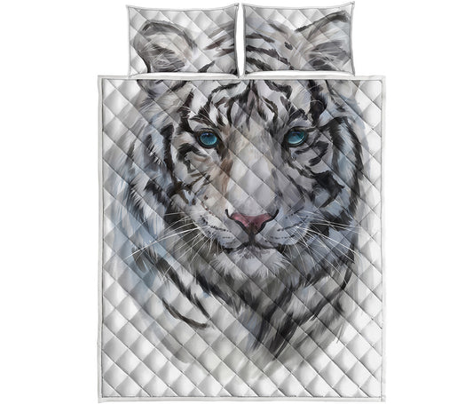 Watercolor White Bengal Tiger Print Quilt Bed Set