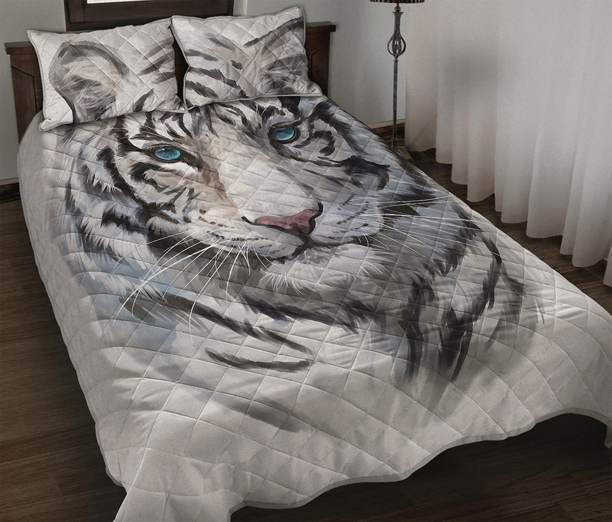 Watercolor White Bengal Tiger Print Quilt Bed Set
